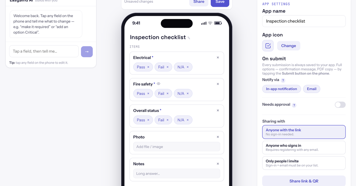 The EasyBind no-code builder assembling an inspection app live on a phone preview